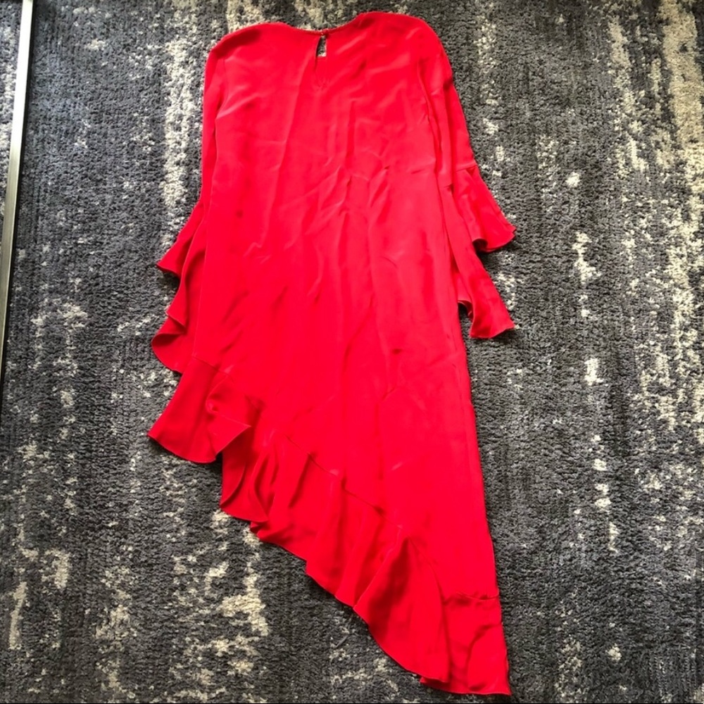 Alexis hazel red asymmetric ruffle silk long bell sleeve dress XS - Picture 7 of 8